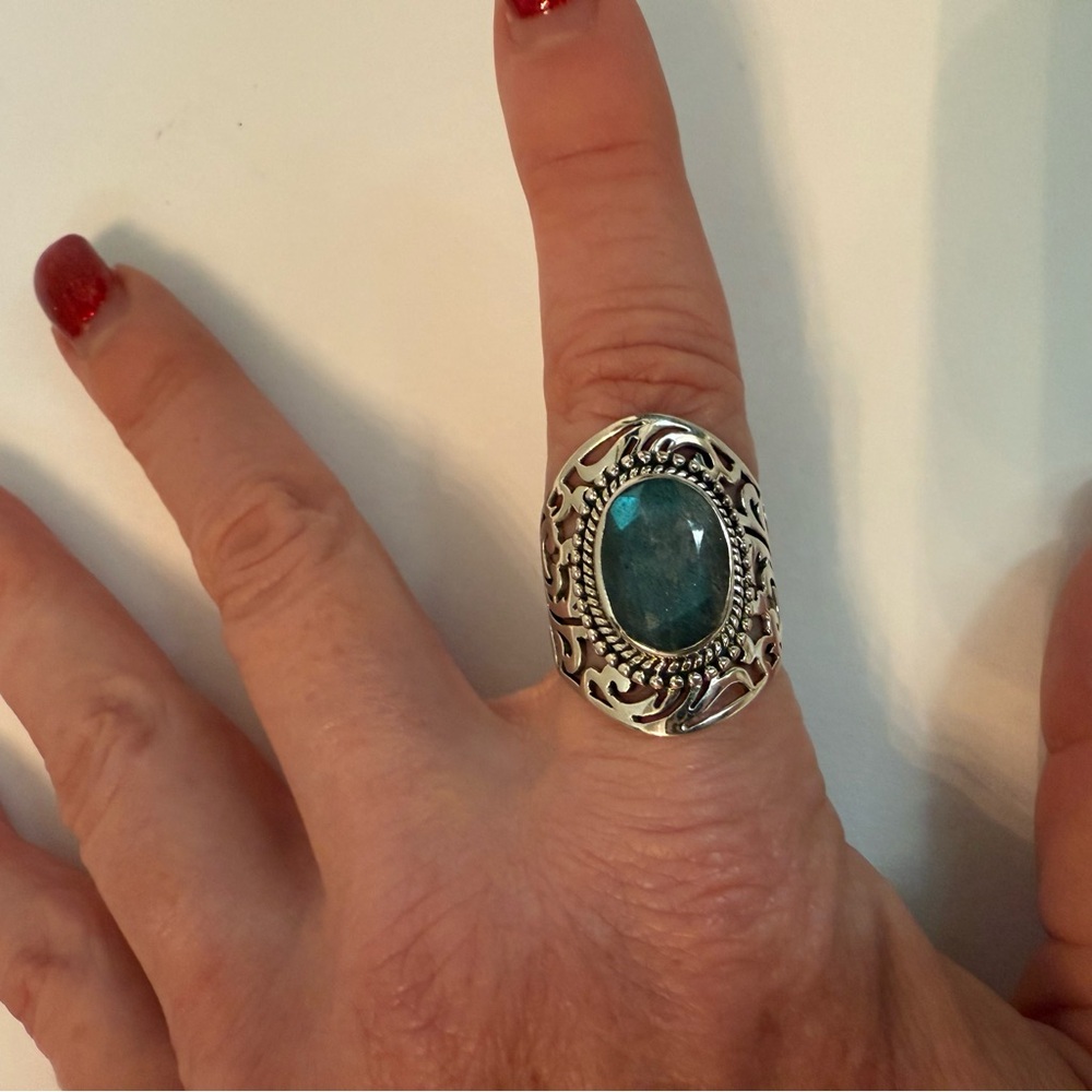 INDIA RING STERLING SILVER 925 FILIGREE LABRADORITE FACETED OVAL SIZE 10
